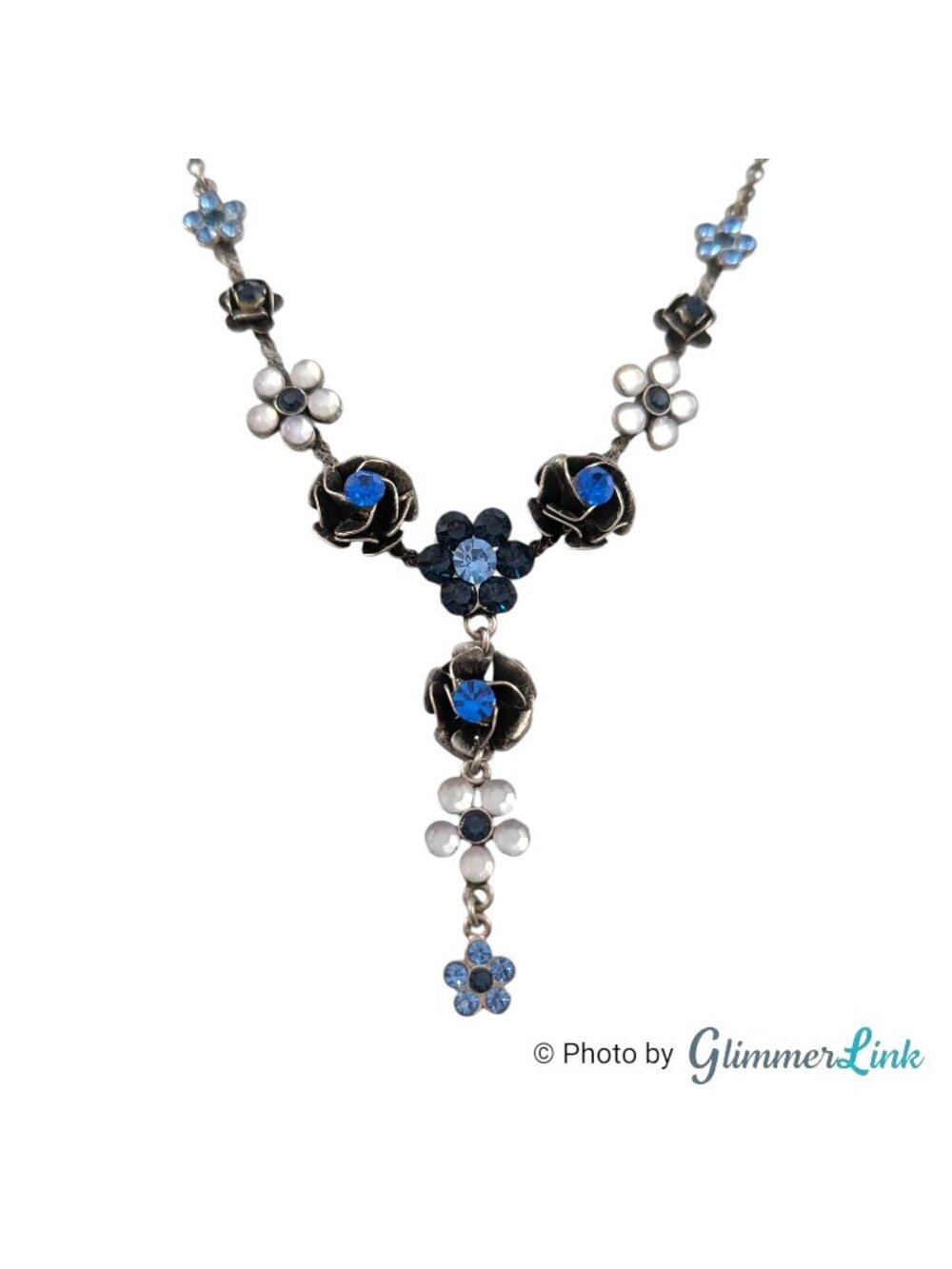 Blue Rhinestone Floral Y Drop Necklace Silver Tone Y2K